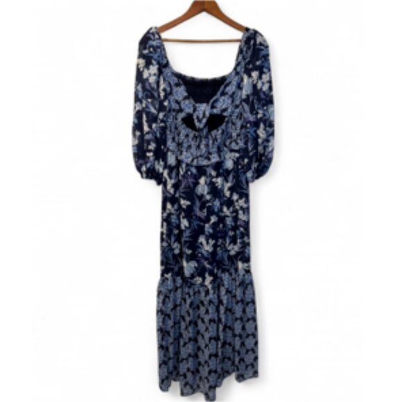 Taylor Floral Tiered Maxi Dress Smocked Tie Back Flowy Blue & White NWT 6P - Picture 4 of 9